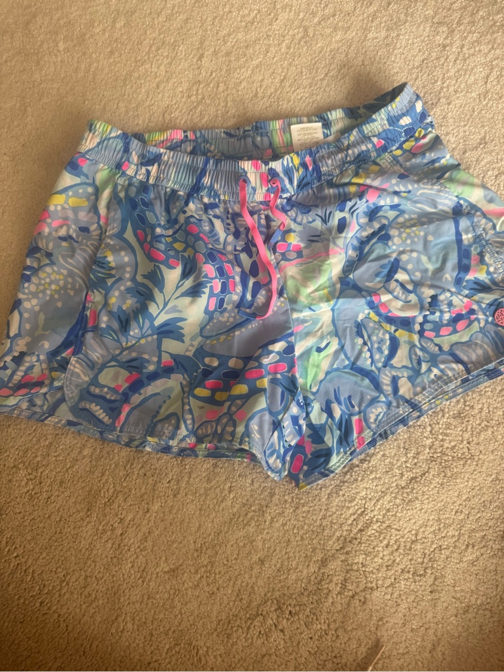 Lilly Pulitzer Blue Tropical Print Athletic Shorts with Pink Drawstring